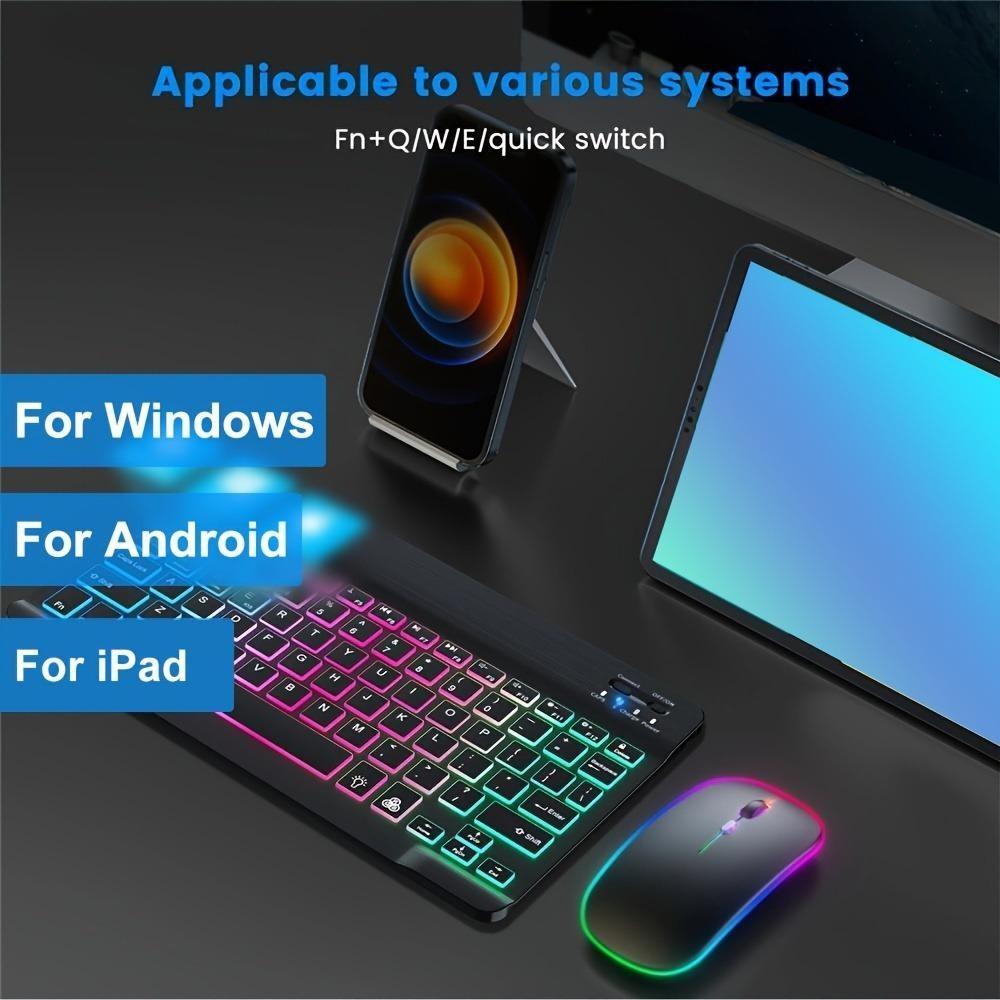Ultra-Slim Lightweight Bluetooth-compatible Keyboard and Mouse, Portable Mini Wireless Keyboard, Rechargeable 7-Color Backlit, for Apple iPad iPhone Tablet Smartphone