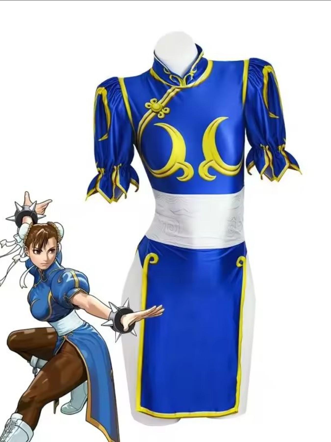 Women's Street Fighter Chun Li Costume, Blue Qipao with Headpiece and Belt, Halloween Dress, Role Play Game