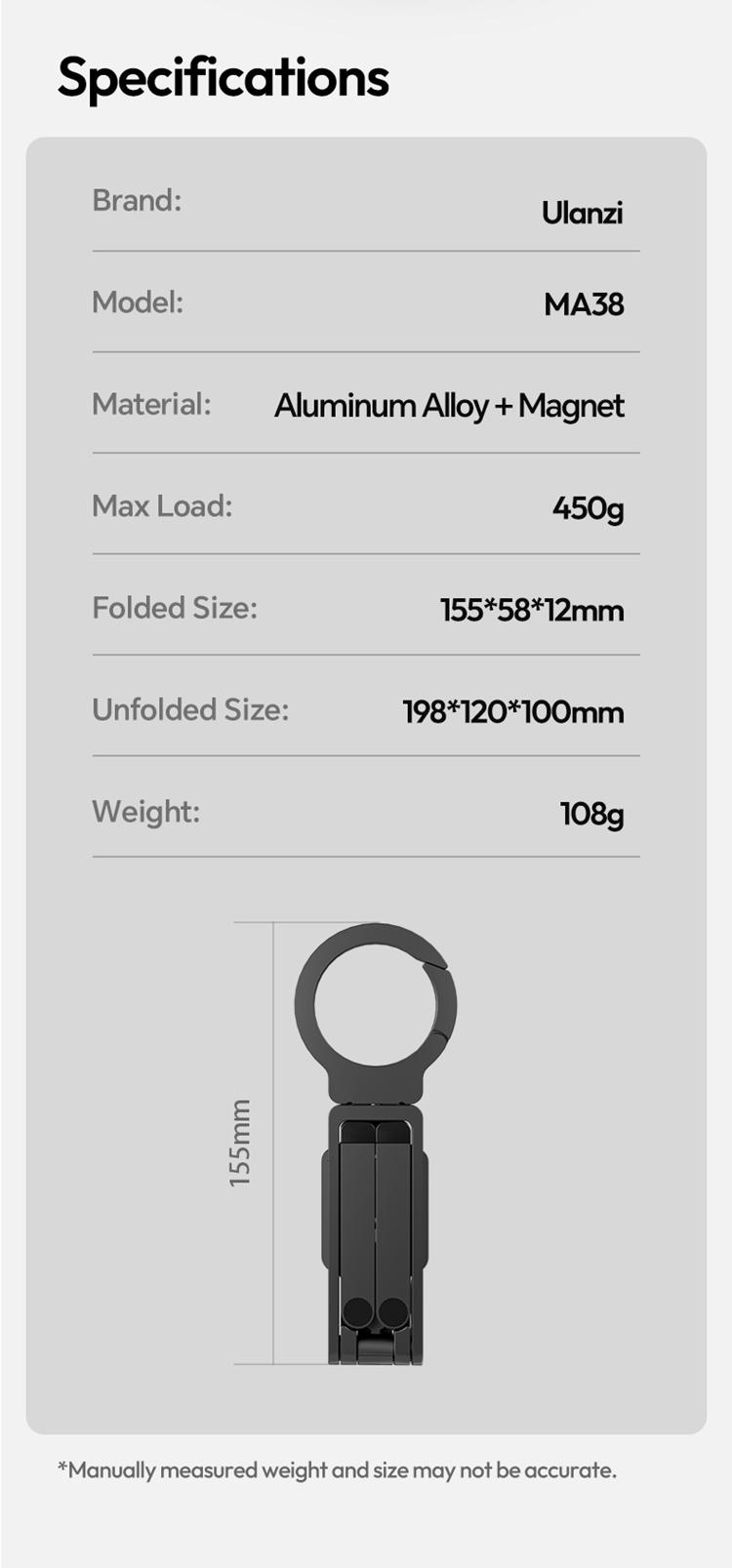 ULANZI Magnetic Phone Tripod for iPhone, MA38 Portable Phone Holder Mini Tripod for Magsafe with Double-Sided Strong Magnetic 1/4'' Arri Locating Hole Foldable Hook for iPhone 16 15 14 13 12