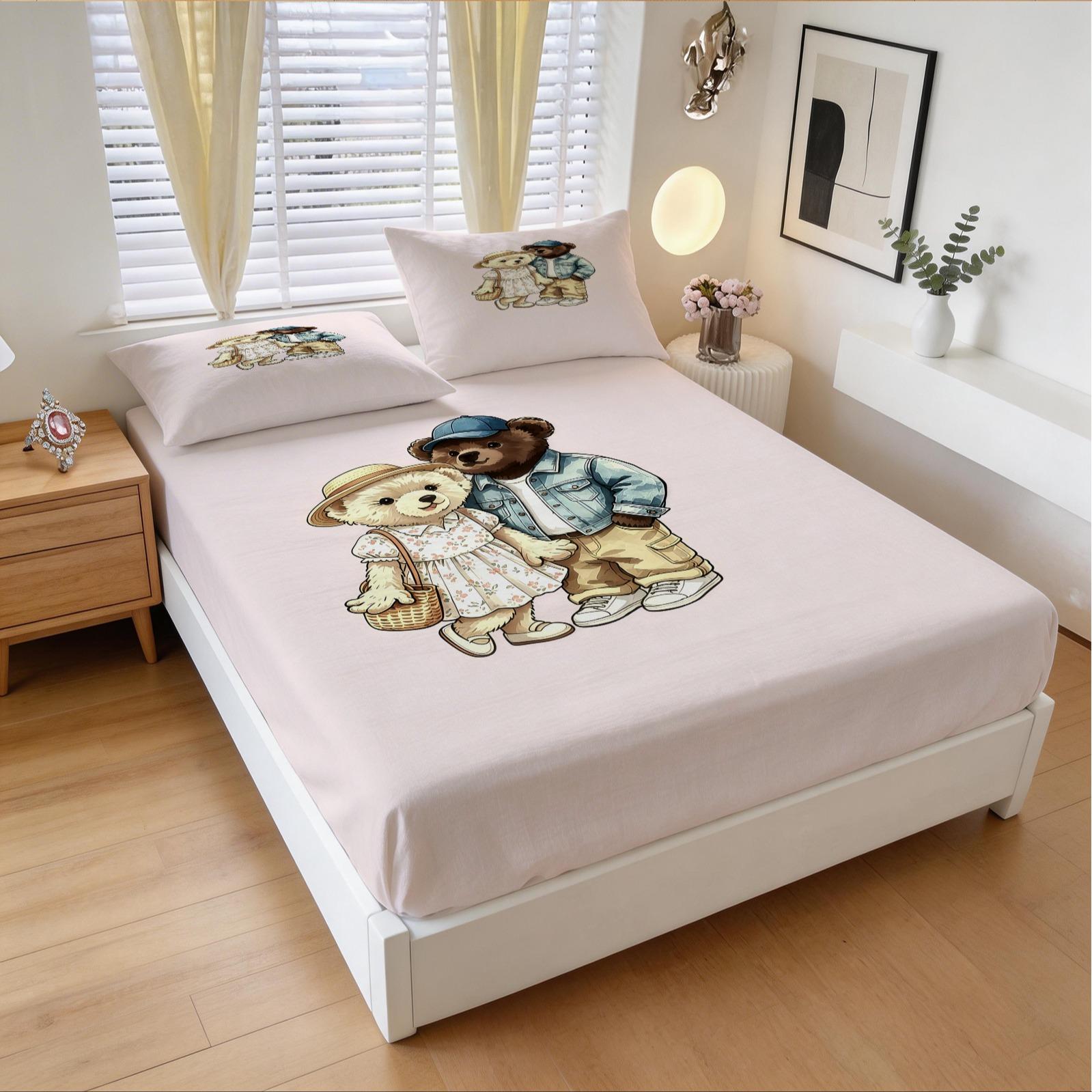 Casual Couple Bear Fitted Sheet Set, Soft Skin-Friendly, 3 Pieces (1 Fitted Sheet + 2 Pillowcases), Deep Pocket, Cute Bear Print, Pink Bedding for Girls Teens Bedroom, Aesthetic Room Decor, All Seasons