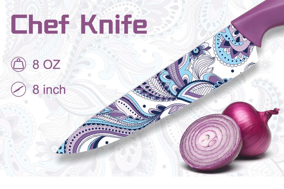 Astercook 6-Piece Color Knife Set, Paisley Pattern, Rust-Resistant Stainless Steel Knives, 6 Blade Guards, Dishwasher Safe. Utensils Kitchenware