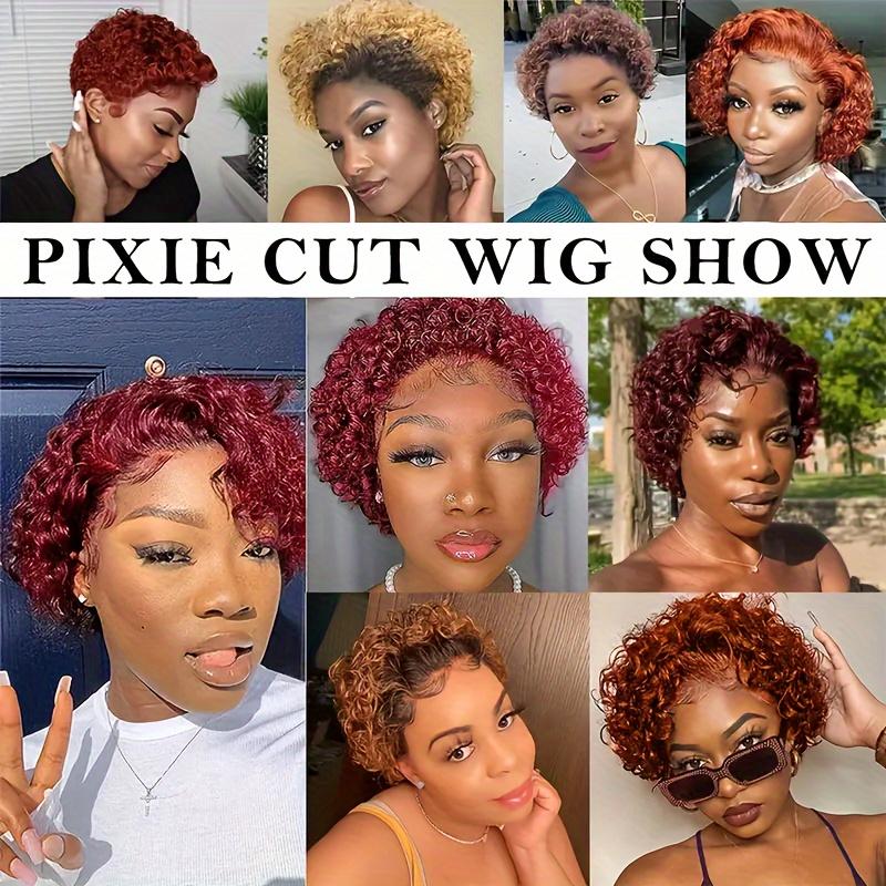 13X1 Curly Lace Front Wig 6 Inch Curly Lace Front Human Hair Wigs - Customized Ginger Blonde Wine red Colored Short Pixie Cut Water Wave Dark Rooted To Ginger Orange Color - 13x1 Transparent Lace Frontal Wigs For Women