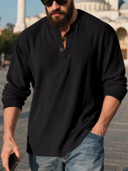 Men's Corduroy Long Sleeve Henley Shirt, Vintage Casual Loose Fit Top, Soft Comfortable Fabric for Spring & Fall Fashion