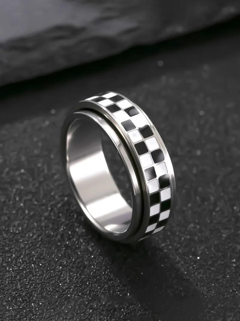 Stainless Steel Checkered Rotating Stress Relief Adjustable Ring, Unisex Casual Daily Wear, Simple Chessboard Design Jewelry