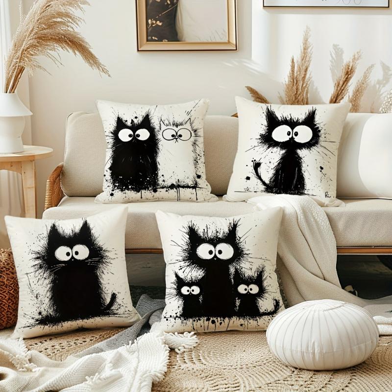 4pcs, Cute Exploding Cat Throw Pillow  Simple Black Cat Decorative Cushion Covers, Farmhouse Party Home Decor Pillowcases, for Couch Sofa Living Room Bedroom, Without Pillow Inserts.