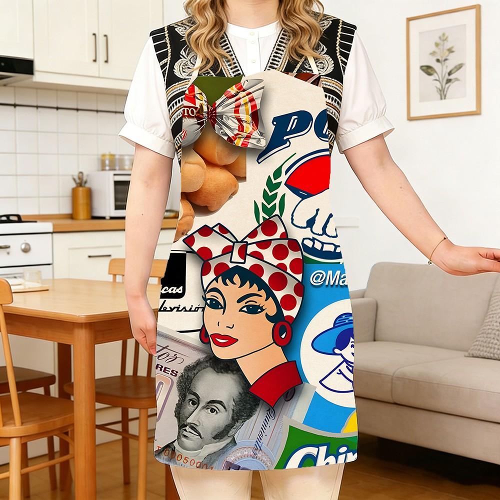 Pop Art Vintage Girl Print Kitchen Apron, Retro Collage Style Women's Chef Apron, Stain-Resistant Durable Cooking Apron