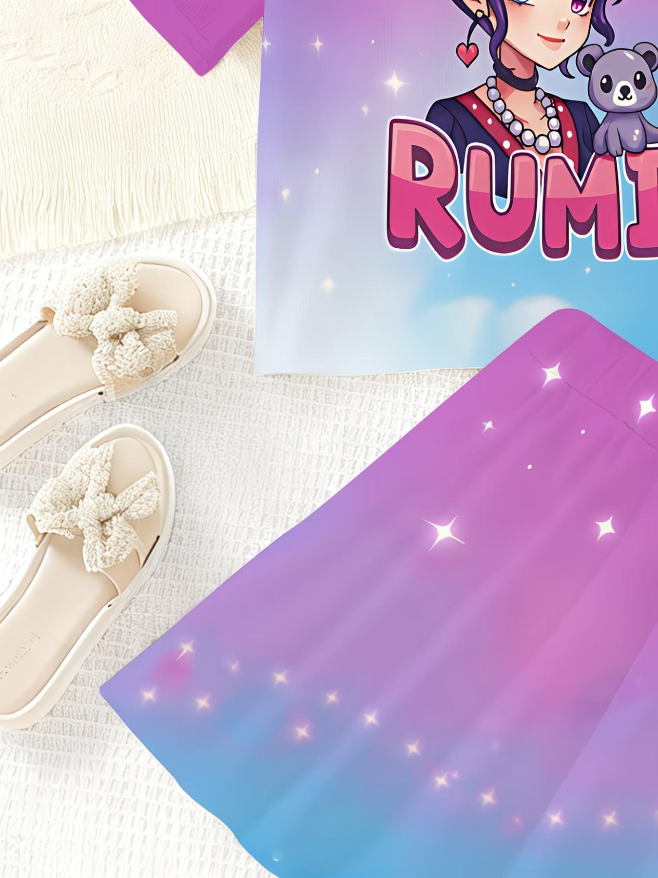 Girls' Summer Casual, Cartoon Anime 3D Print, Fashion Round Neck Short Sleeve Top + Skirt, Comfortable Summer Clothes for Kids