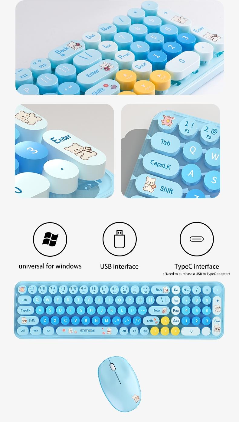 MOFii 1 Set Blue Bear Wireless Keyboard and Mouse Combo, Aesthetic Desk Essential for Students, 2.4G Plug and Play, Compatible with Laptop & Desktop, US Qwerty (Battery Not Included)