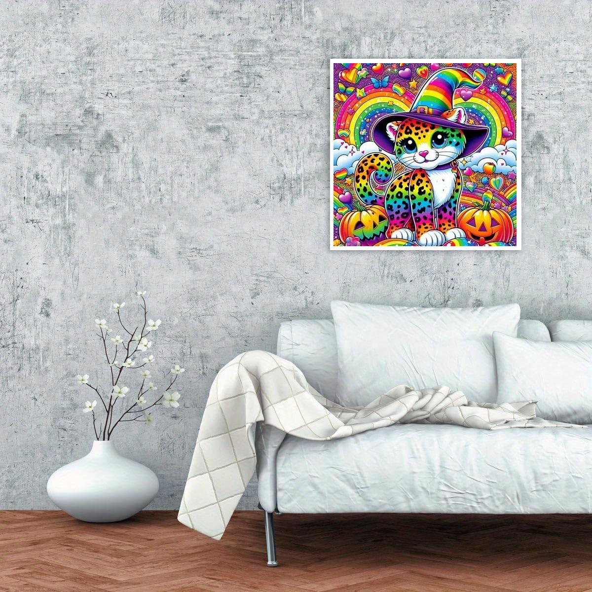 A 2D flat frameless hand-made DIY diamond painting kit with cartoon fantasy style, featuring rainbow wizard hat leopard print cat, pumpkins, hearts and rainbow elements, ideal for home decor and handcraft lovers as creative gifts.