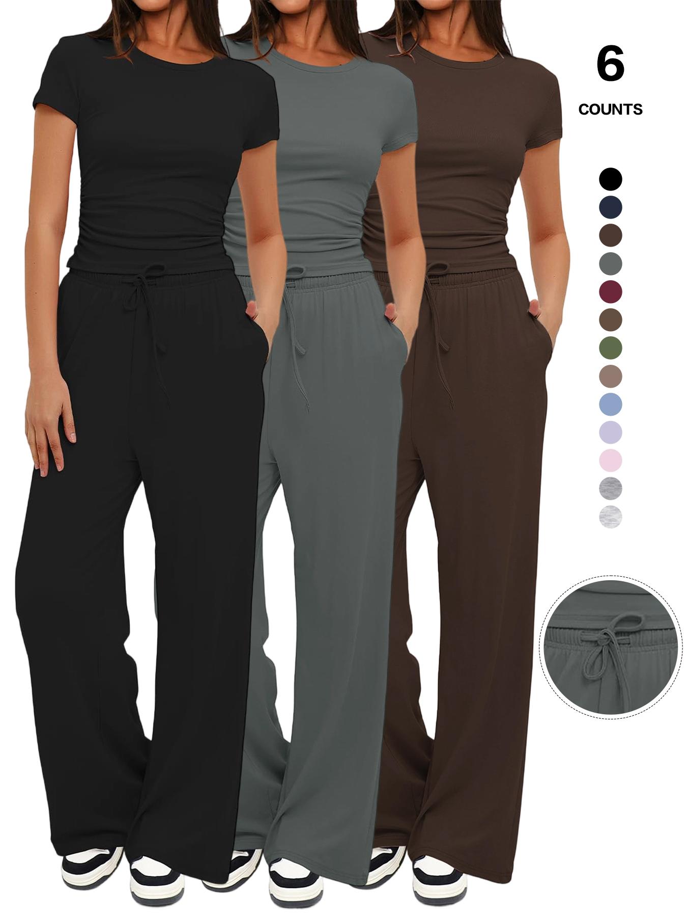 Women's Spring Summer Casual Chic Set, Round Neck Short Sleeve Top & Wide Leg Pants, Slim Fit Home Wear, 2 Piece, Ruched Design, Drawstring