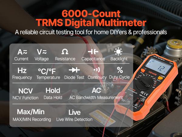 VEVOR Digital Multimeter, 6000-Count TRMS DC/AC Voltmeter Current Tester, Professional NCV Multimeter for Current Voltage Resistance Capacitance Duty-Cycle Tempetature Diodes Continuity Live Wire Test