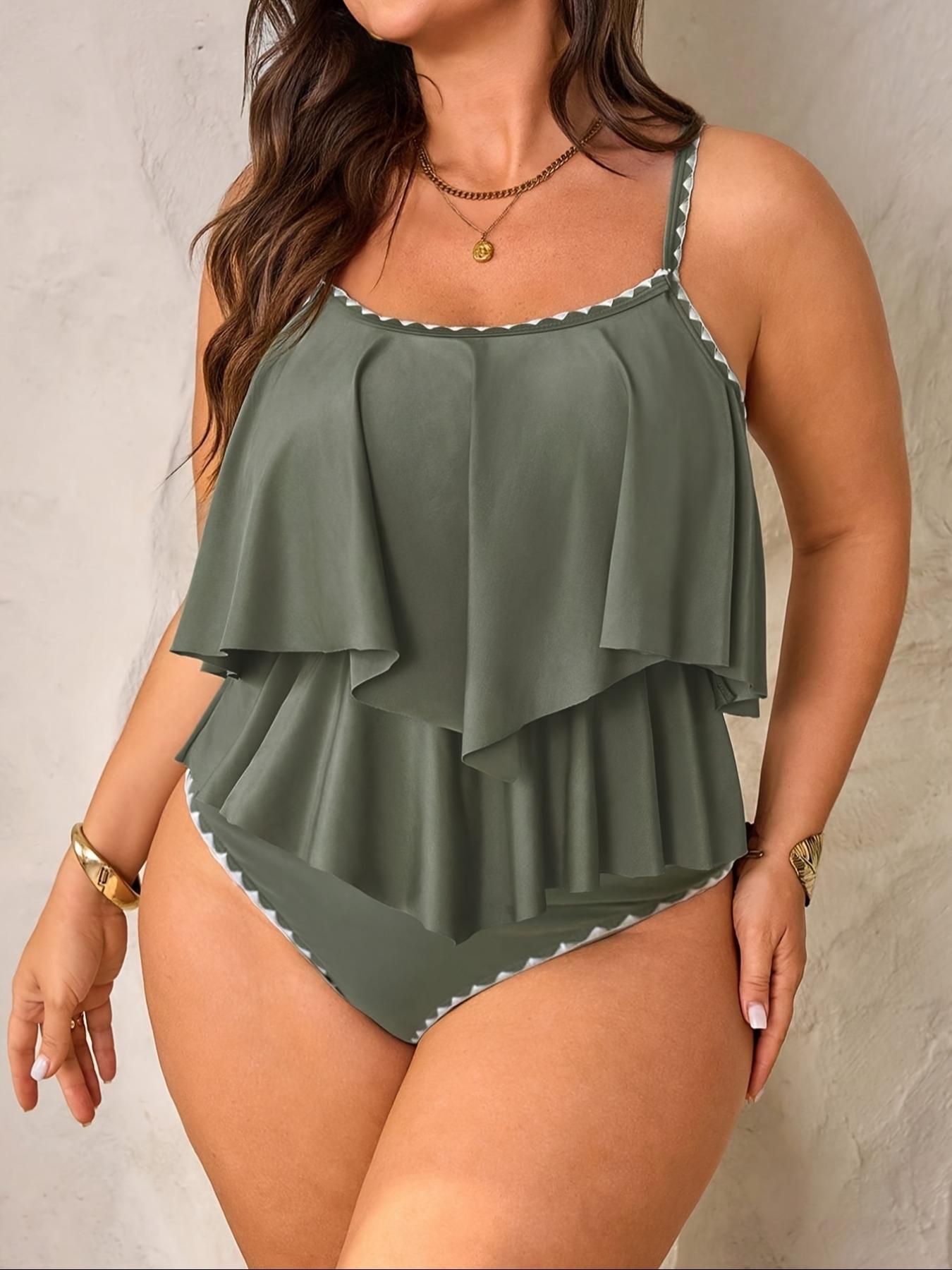 Women's Plus Size Fashion Elegant Slimming Backless Solid Color Ruffle Two-Piece Bikini Set, Sexy Ditsy Floral Push Up Style, Tankini Swimwear Set