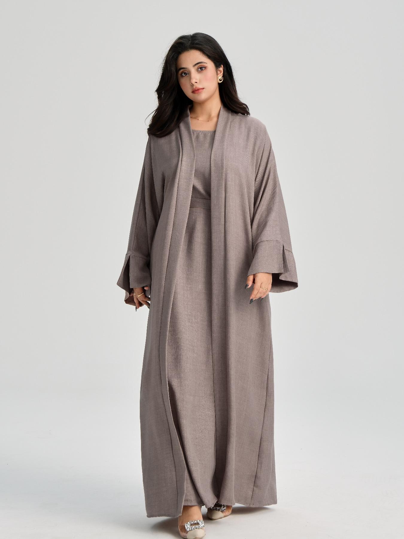 Women's Solid Color Belted Abaya & Dress Two-piece Set, Casual Long Sleeve Open Front Outerwear & Dress Set, Modest Muslim Outfits, Ladies Islamic Clothing for All Seasons Women's Solid Color Belted Abaya & Dress Two-piece Set, Casual Long Sleeve Open Front Outerwear & Dress Set, Modest Muslim Outfits, Ladies Islamic Clothing for All Seasons