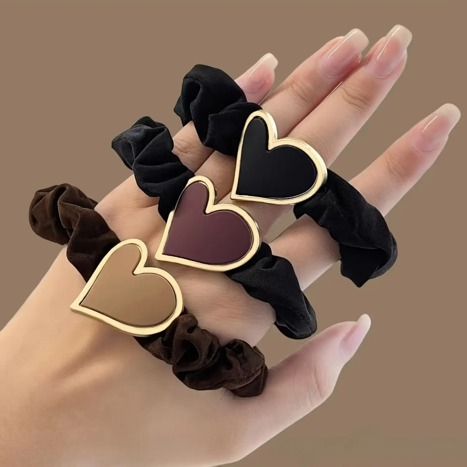 Heart Decor Hair Scrunchies, Vintage Neutral Color Hair Ties, Gold Trim Heart Elastic Hair Bands, Cute Daily Ponytail Hair Accessories for Women Girls