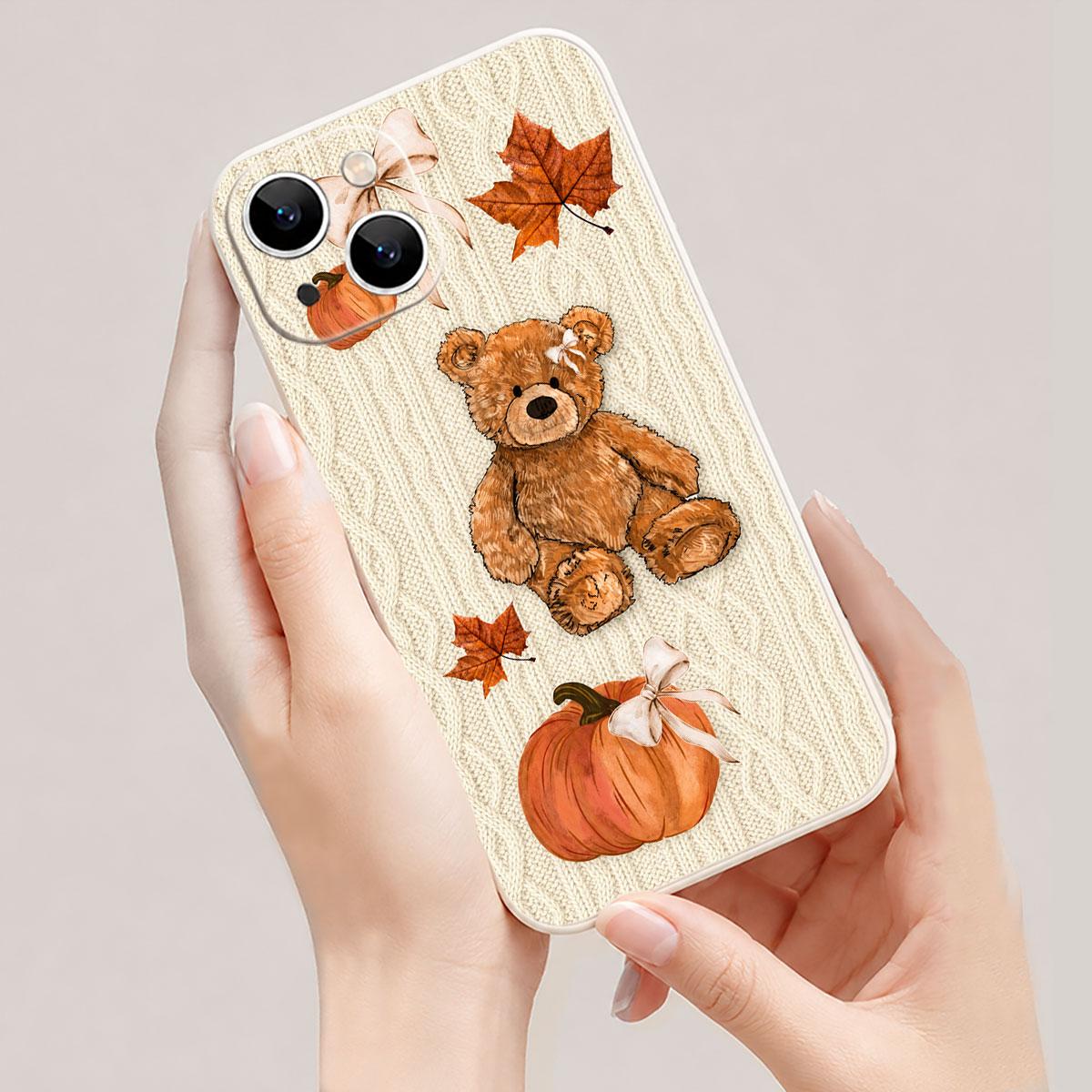 Pumpkin Teddy Knit Phone Case, Autumn Cottagecore Maple Leaf Slim Bumper Cover for iPhone 17 16 15 14 13 12 11 X Plus Pro Max, Fall Birthday Gift