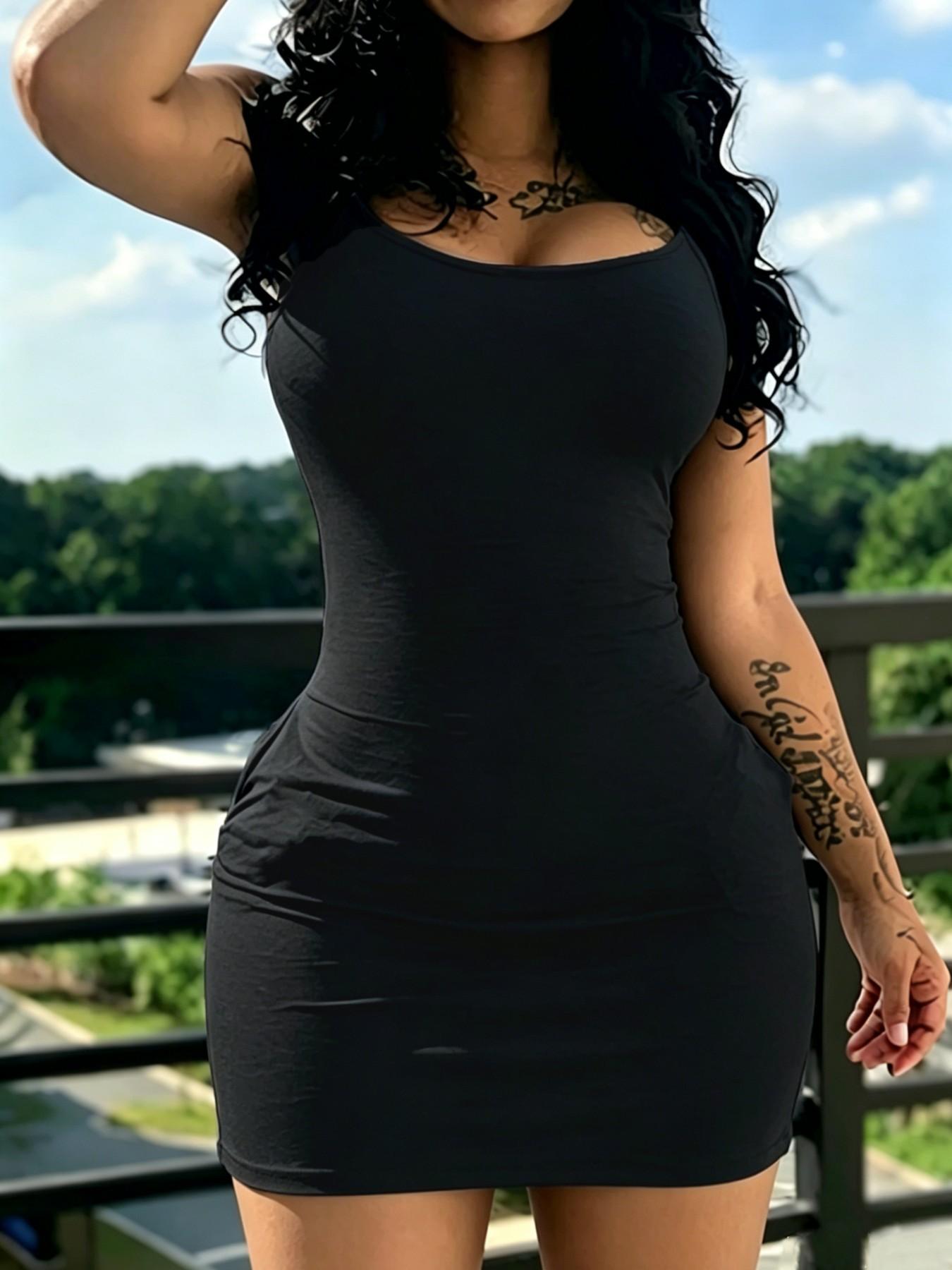 Adjustable Strap Bodycon Dress, Sexy Plain Color Short Dress, Slim-Fitting Casual Dress, No Pockets, Spring & Fall Fashion, Casual Wear
