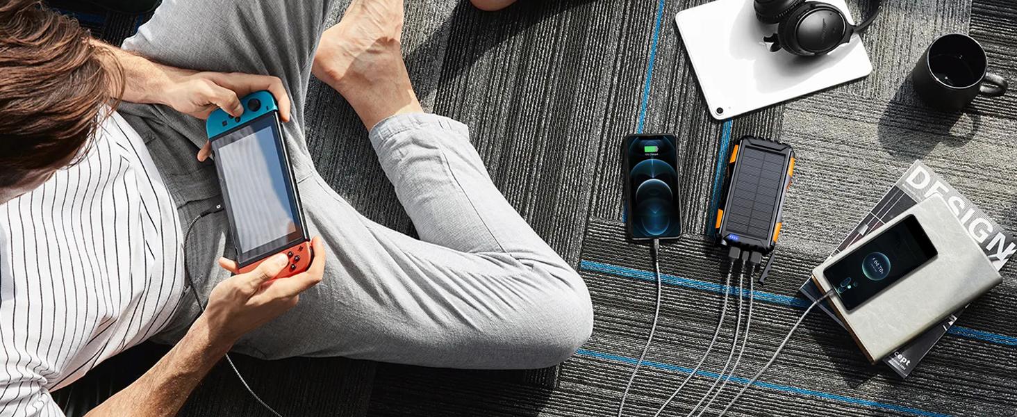 Power-Bank-Solar-Charger 42800mAh Portable Charger External Battery Pack 5V3.1A QC 3.0 Fast Charger with Super Bright Flashlight IP67 Waterproof - Phone