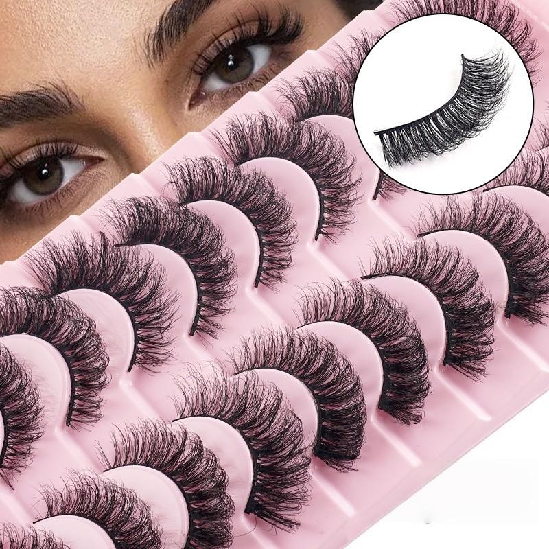 Fluffy Wispy False Eyelashes, 10 Pairs Cat-Eye Strip Lashes Natural Curly Faux Mink Eyelashes, 3D Effect Reusable Eyelash Extensions, Lightweight Volumized Eye Makeup Tool for All Season Daily Party Wedding Makeup, Beginner-Friendly False Lashes