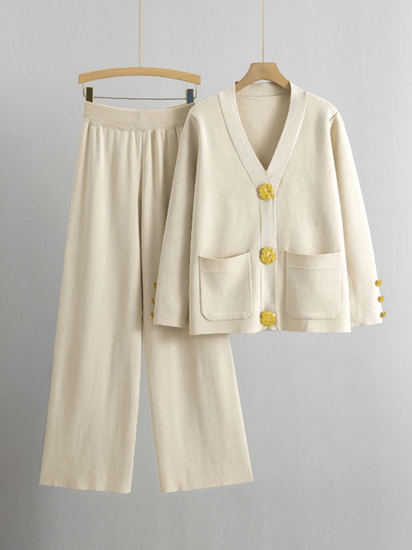 Women's Versatile V-Neck Gold-Toned Button Side Pocket Cardigan & High Waist Wide Leg Trousers Co-ord