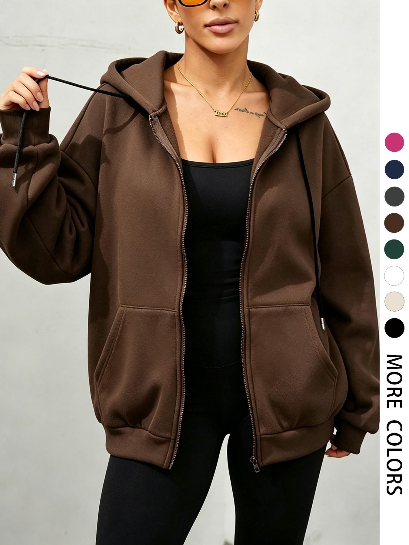 Women's Zipper Drawstring Hoodie, Long Sleeve Pocket Detail, Loose-Fit Casual Sweatshirt for Fall & Winter, Outdoor & Daily Wear