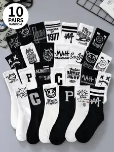 10 pairs of unisex, breathable, black-and-white colour-blocked letter-print mid-calf socks, featuring a street-style letter design; casual sports socks suitable for all seasons