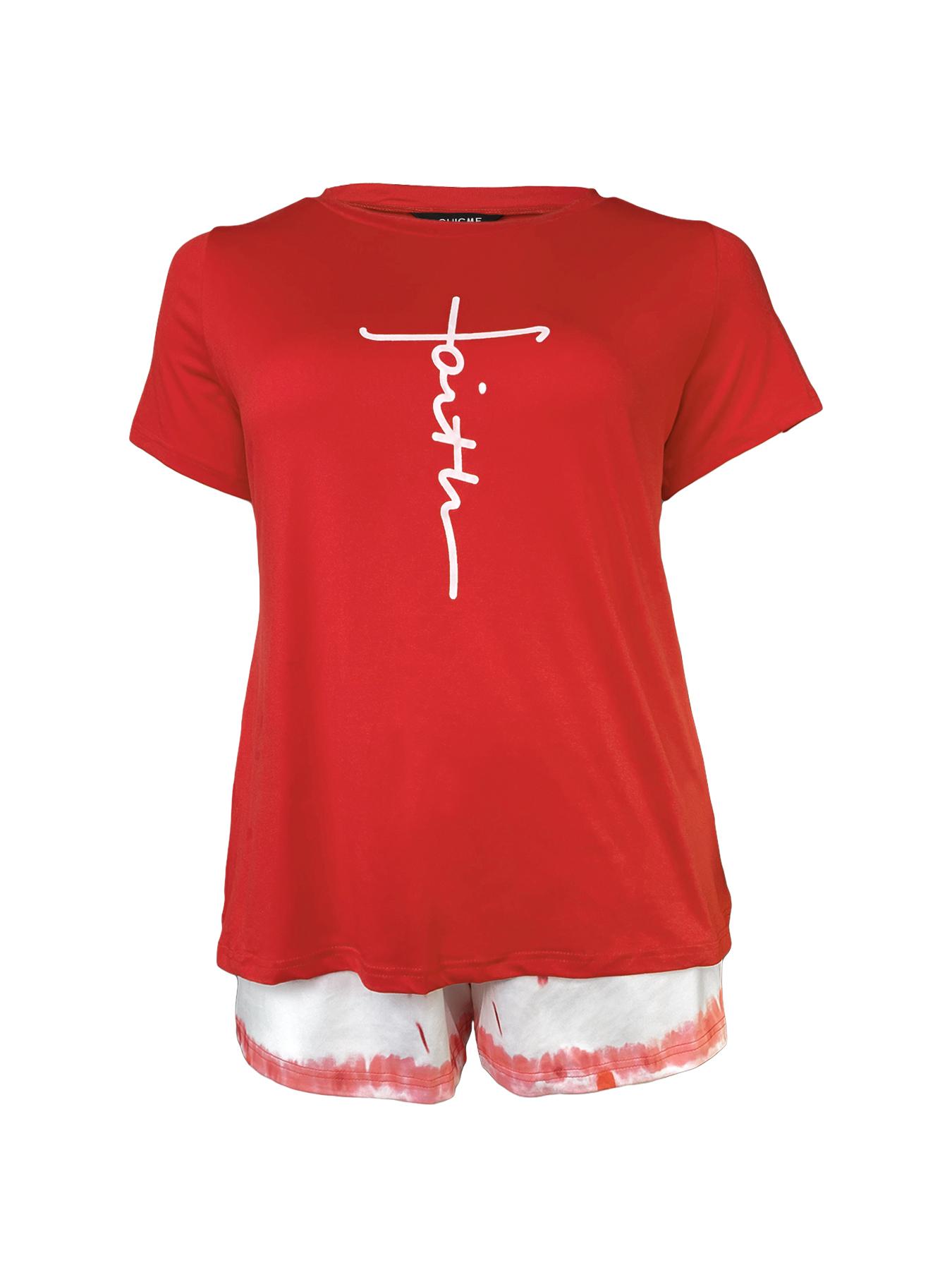 Plus Size Fashion Women's Round Neck Printed Short Sleeve Top + Pants Casual Set, Stylish Summer for Ladies