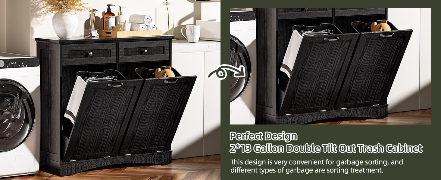 【Does Not Include Trash Can】AHB Double Tilt Out Trash Cabinet Freestanding Kitchen Trash Cabinet, 2x13 Gallons Hidden Garbage Recycling Cabinet with Hideaway Drawers Pet Proof Trash Can for Kitchen Living Room, Grey