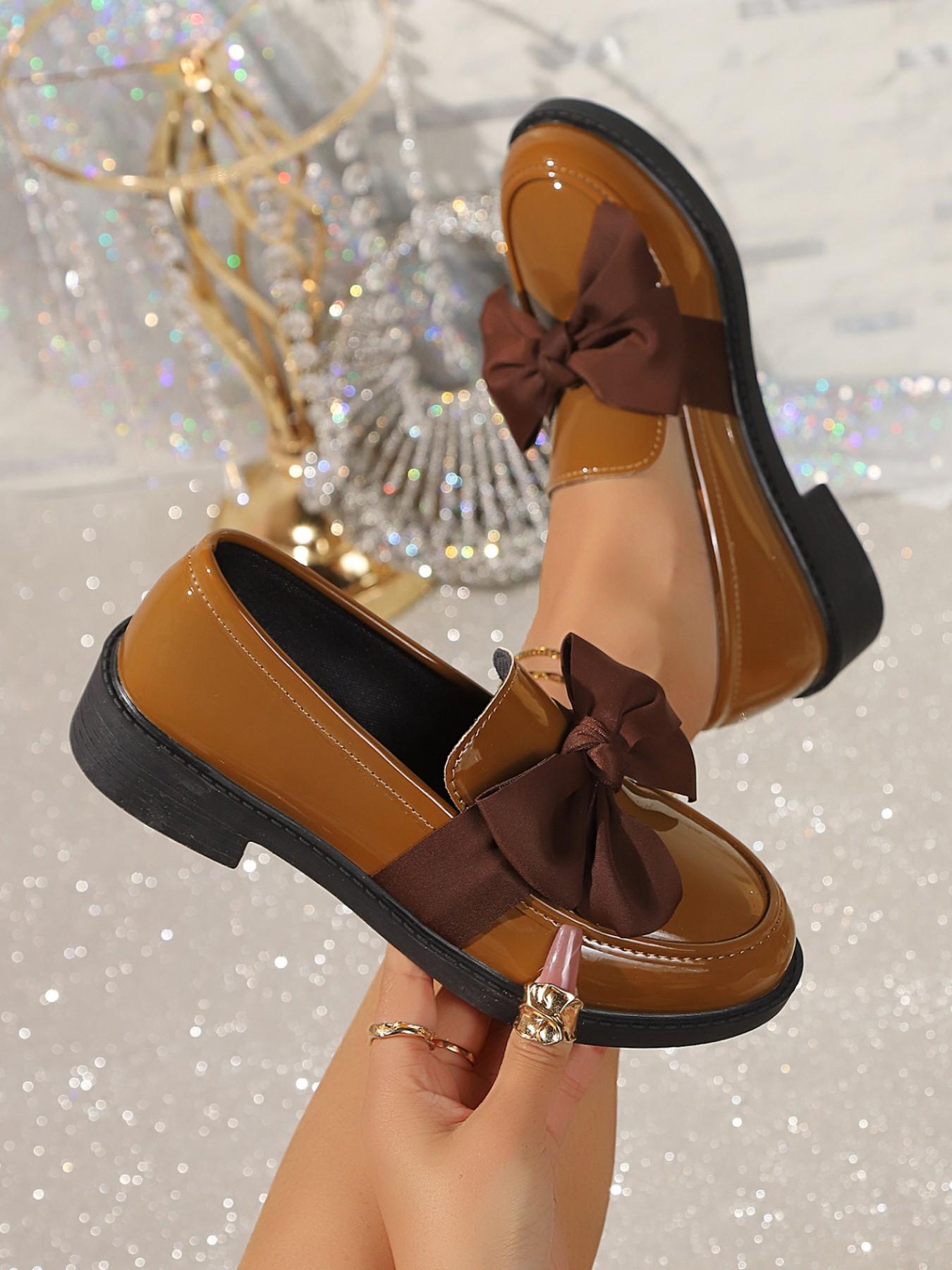 Women's Chunky Heel Patent Leather Loafer Shoes, Plain Design PU Upper Material Rubber Sole, Preppy Style Less Than Ankle Height