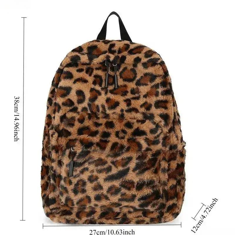 Cute Fuzzy Cheetah Print Backpack, Soft Fleece Y2K Coquette Aesthetic Daypack, Trendy Shoulder Bookbag, Versatile Stylish Bag for Daily Outfits