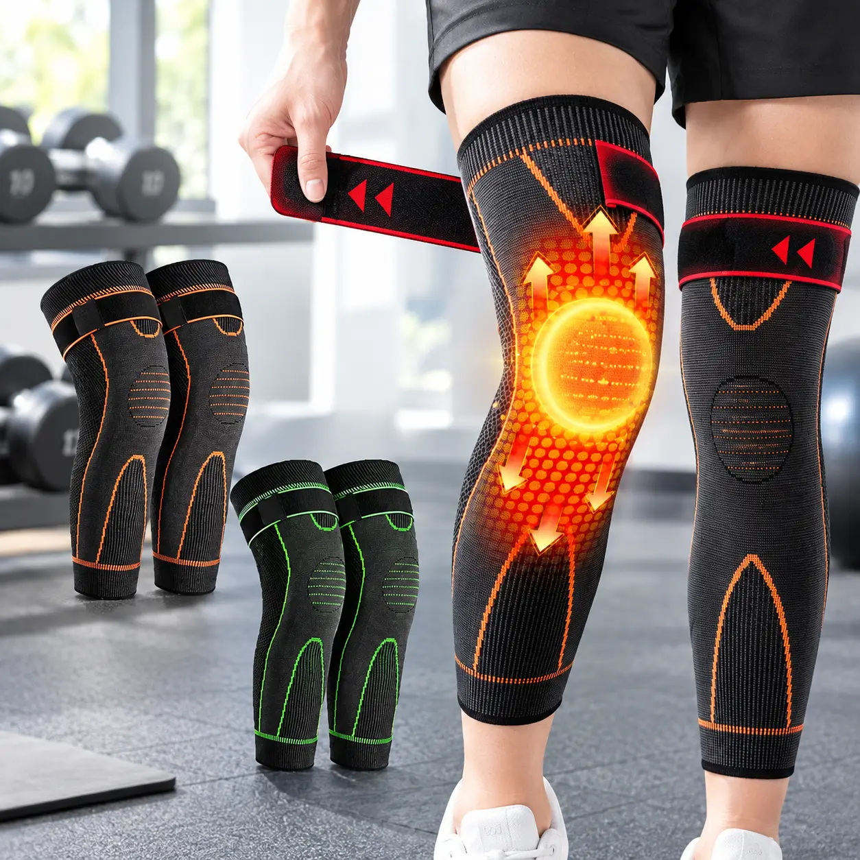 Unisex, high-elasticity, extended wrap-around knee brace with mugwort heat therapy; suitable for sports and running; features an adjustable compression strap.