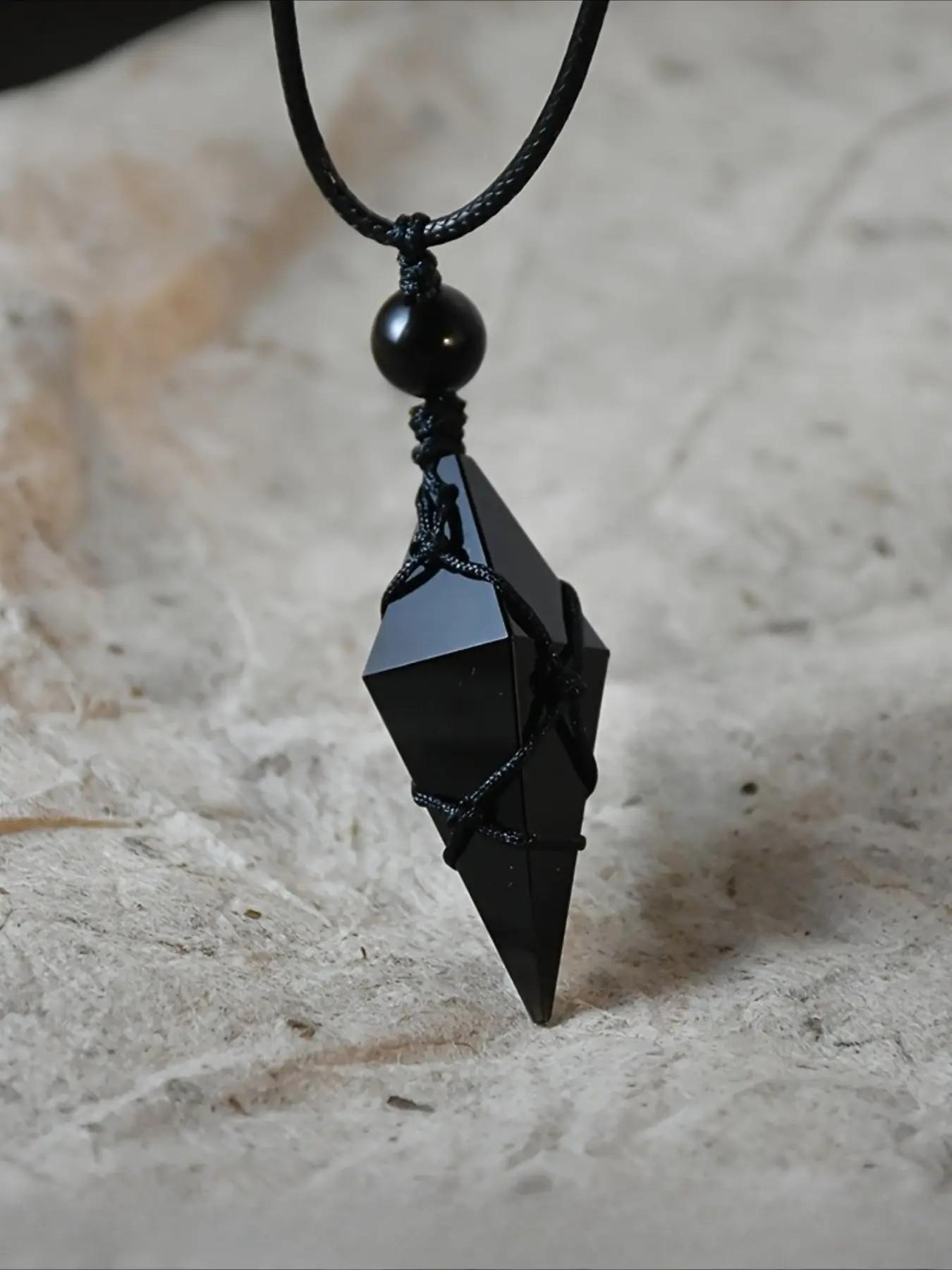Bohemian Natural Obsidian Pendant Necklace, Unisex Adjustable Length, Handmade Jewelry, Exquisite Gift for All Occasions