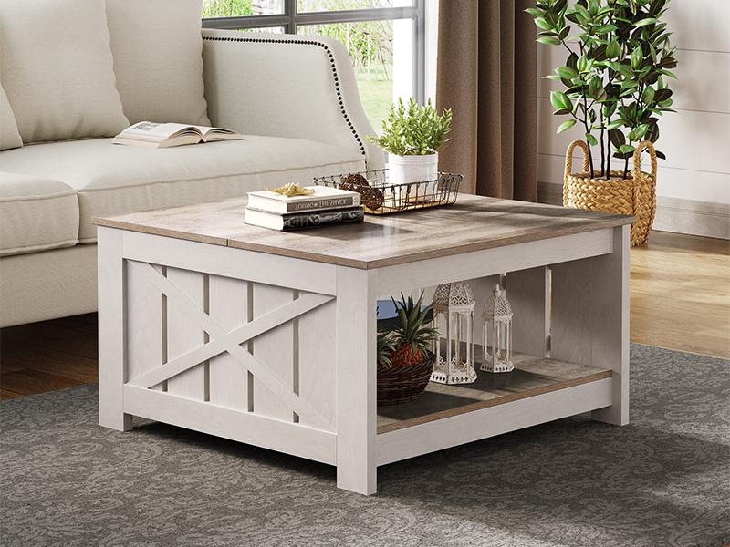 Yitahome Farmhouse Coffee Table with Storage, Square Wood Modern Rustic Coffee Table for Living Room,Grey Wash Coffee Tables,Coffee Table with Half Open Storage Compartment