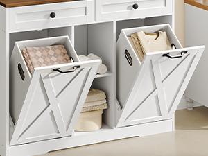 HOOBRO Tilt Out Trash Can Cabinet with 2 Drawers and Open Shelving, Farmhouse Double 23 Gallon Laundry Hamper Cabinet, Kitchen,  Hidden Trash Can for Bathroom, White and Walnut