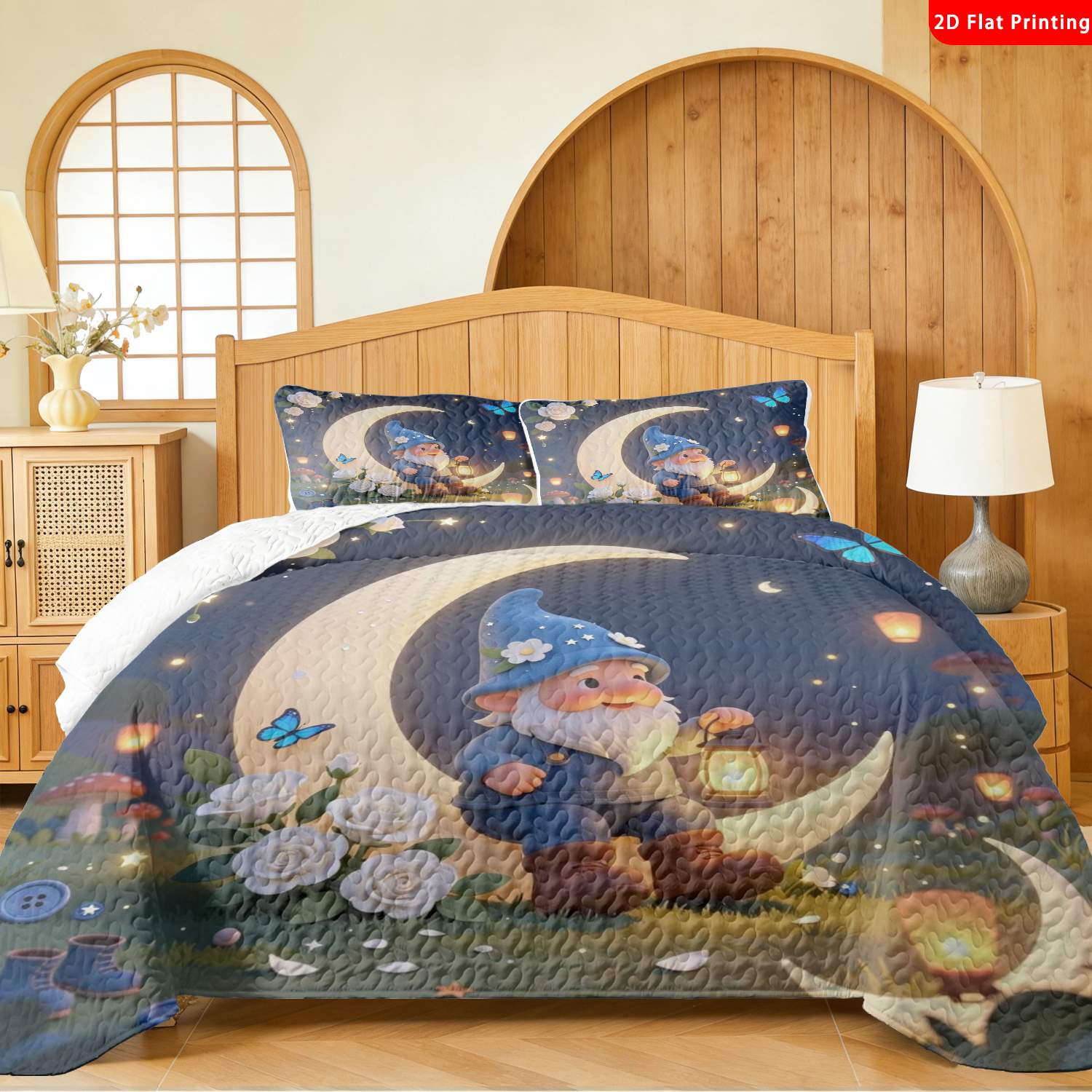 3 pcs, 2D flat print Cute Gnome Moonlight bed cover set, Enchanted Night Garden theme, multiple sizes available, bedding set, festive decorative bedding, ideal for bedroom decor(1 bedspread , 2 pillowcases)