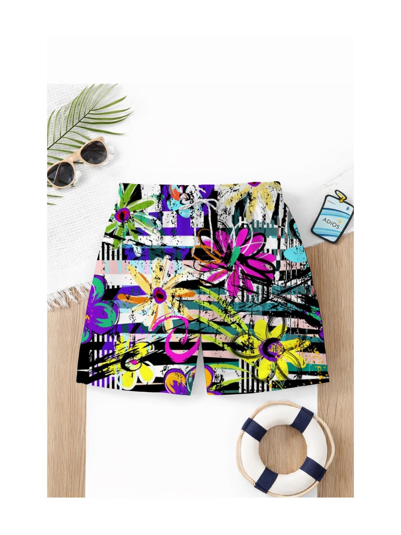 Summer Boys' Abstract Graffiti Floral Print Drawstring Beach Pants, Kids Loose Fit Trendy Swim Shorts, Casual Short Hems