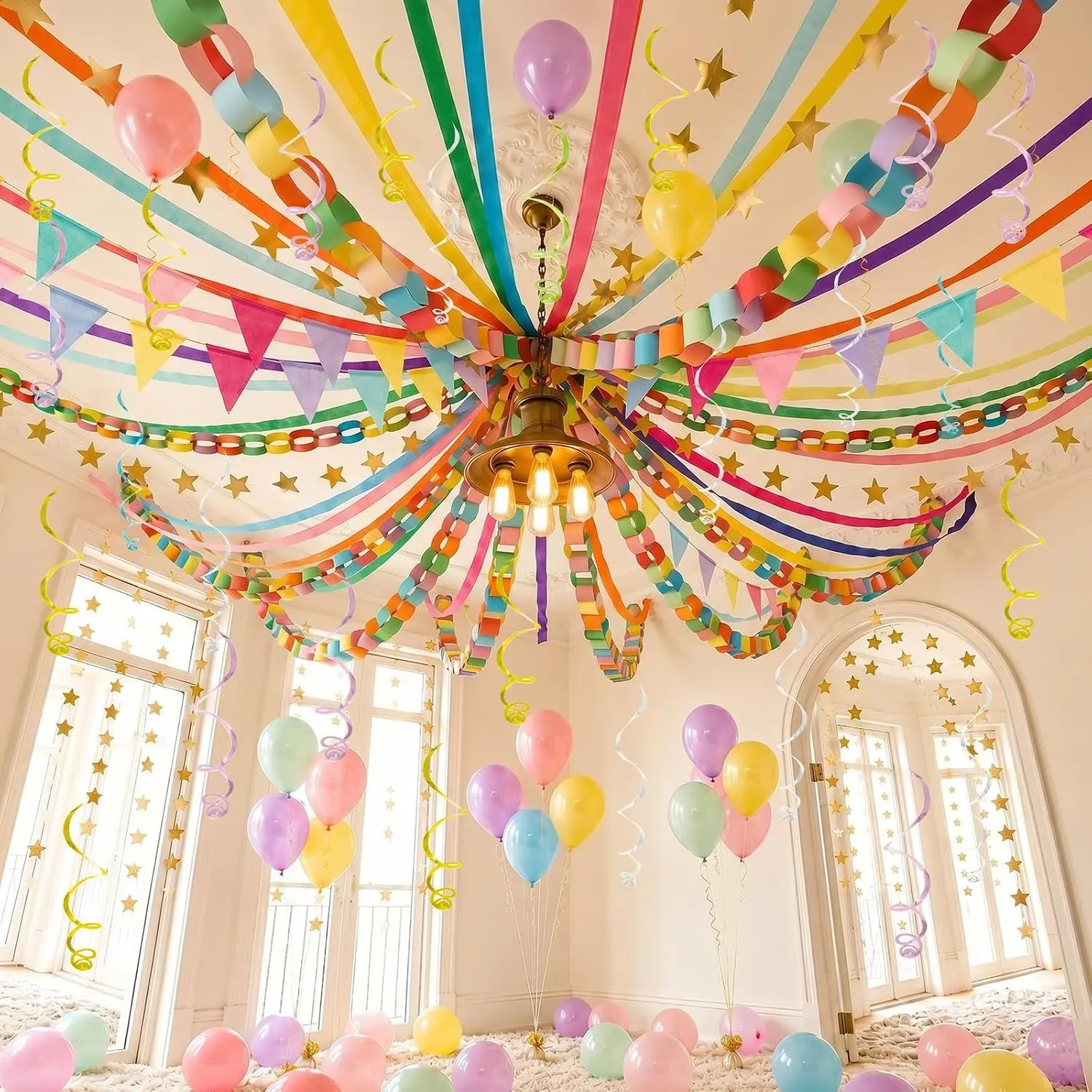 345pcs Rainbow Paper Chain Strips and Gold Star Garland Crepe Streamers Set