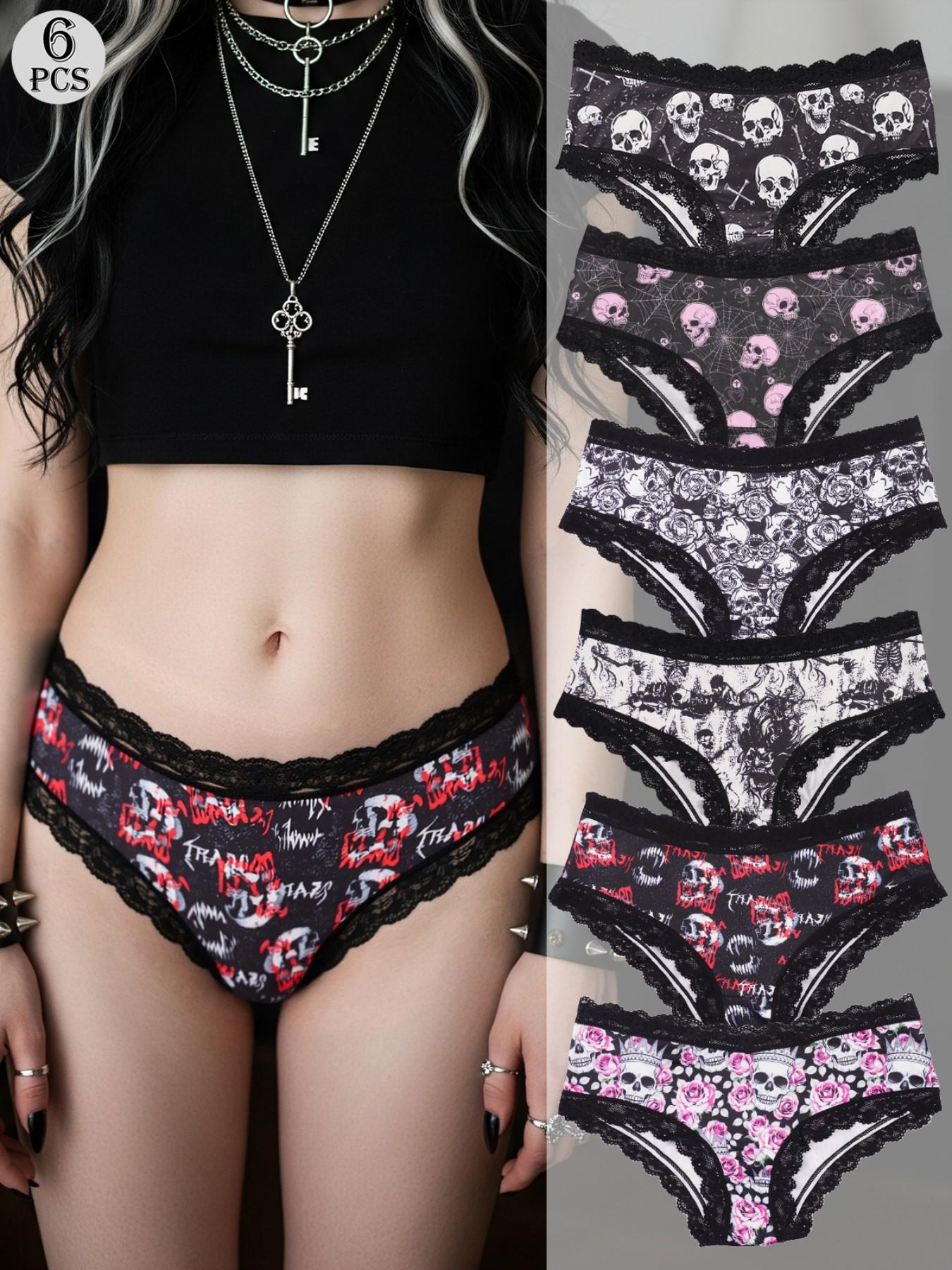 Morvia 6Pcs Gothic Alt Girl Panties Underwear, Dark Lace Lingerie, Soft Cotton Crotch, Emo Punk Vampire Style Knickers, Assorted Spooky Prints, Comfort Daily Wear