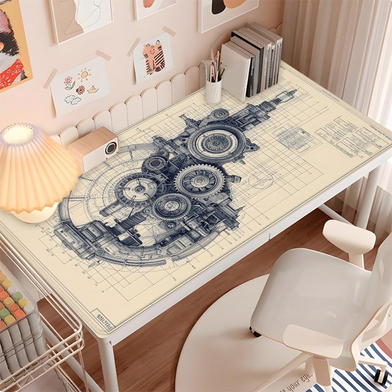 [Mouse Desk Pad] Non-Slip Mouse Pad Large Gaming Mouse Pad With Rubber Base & Stitched Edge Steampunk Gears Vintage Blueprint Design Desk Top Protector Mat For Home Office Use And Holiday Gifts