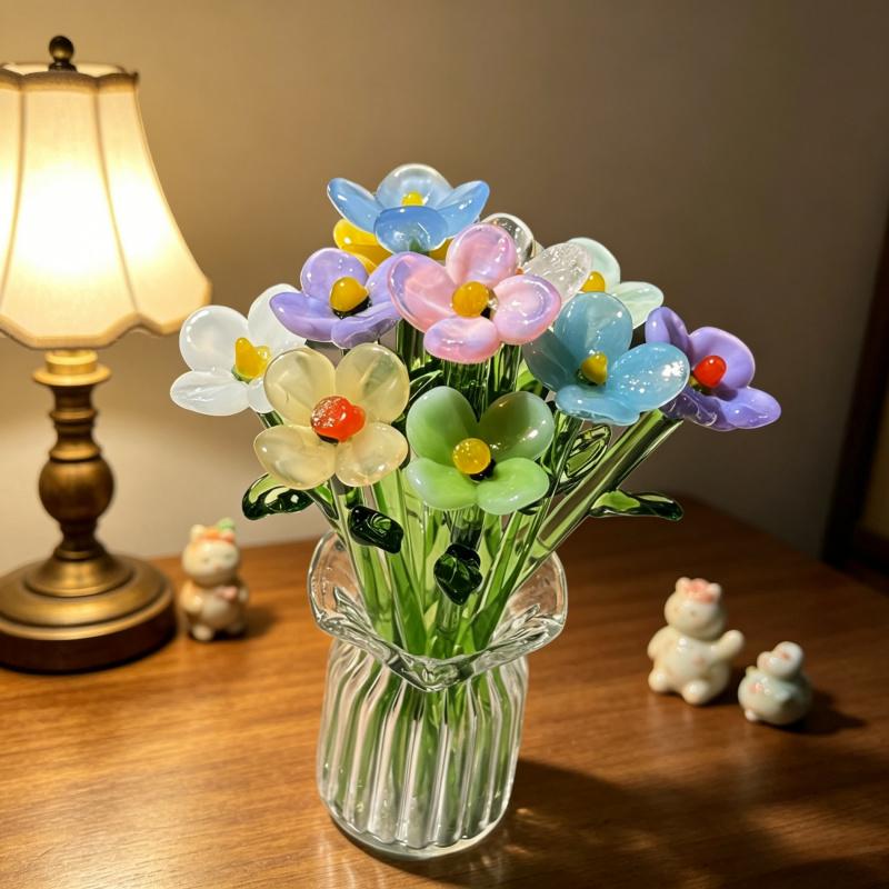 1/2/4/6/11PCS/SET Creative Mini Glass Flowers with Vase European Style Decorative Small Vase Set Elegant Crystal Clear Transparent Floral Bouquet Vase Office Desk Decor For Birthday Anniversary Mother's Day Handmade Glass Flower Bouquet Small Flower Gift