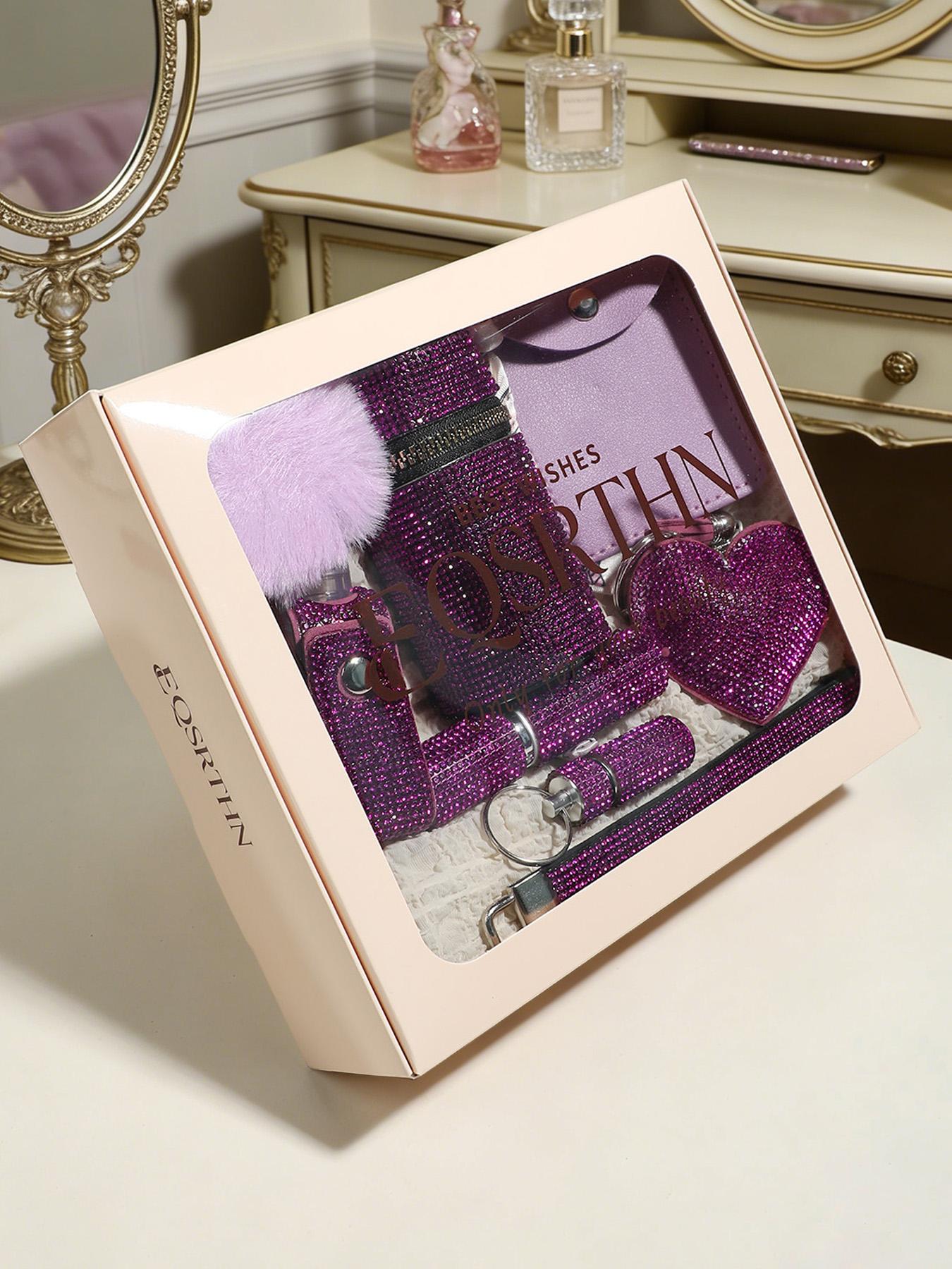 Cute and Powerful 14 Pcs Women's Safety Keychain Set Purple Glitter Blinged Out Bling Kit Includes Personal Siren Non Contact Tool Pepper Spray Holder Fluffy Ball Keychain Essential Gifts for Girls