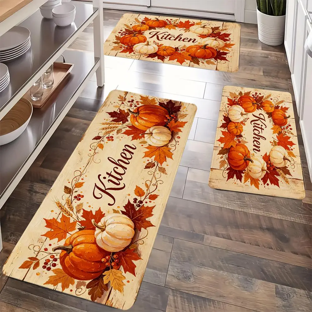 1PC/2PCS/3PCS Flannel Autumn Kitchen Rugs Set, Pumpkin and Maple Leaf Print Decorative Floor Mats, Fall Harvest Runner Rugs for Kitchen, Living Room, Laundry Room, Entryway & Seasonal Home Decor