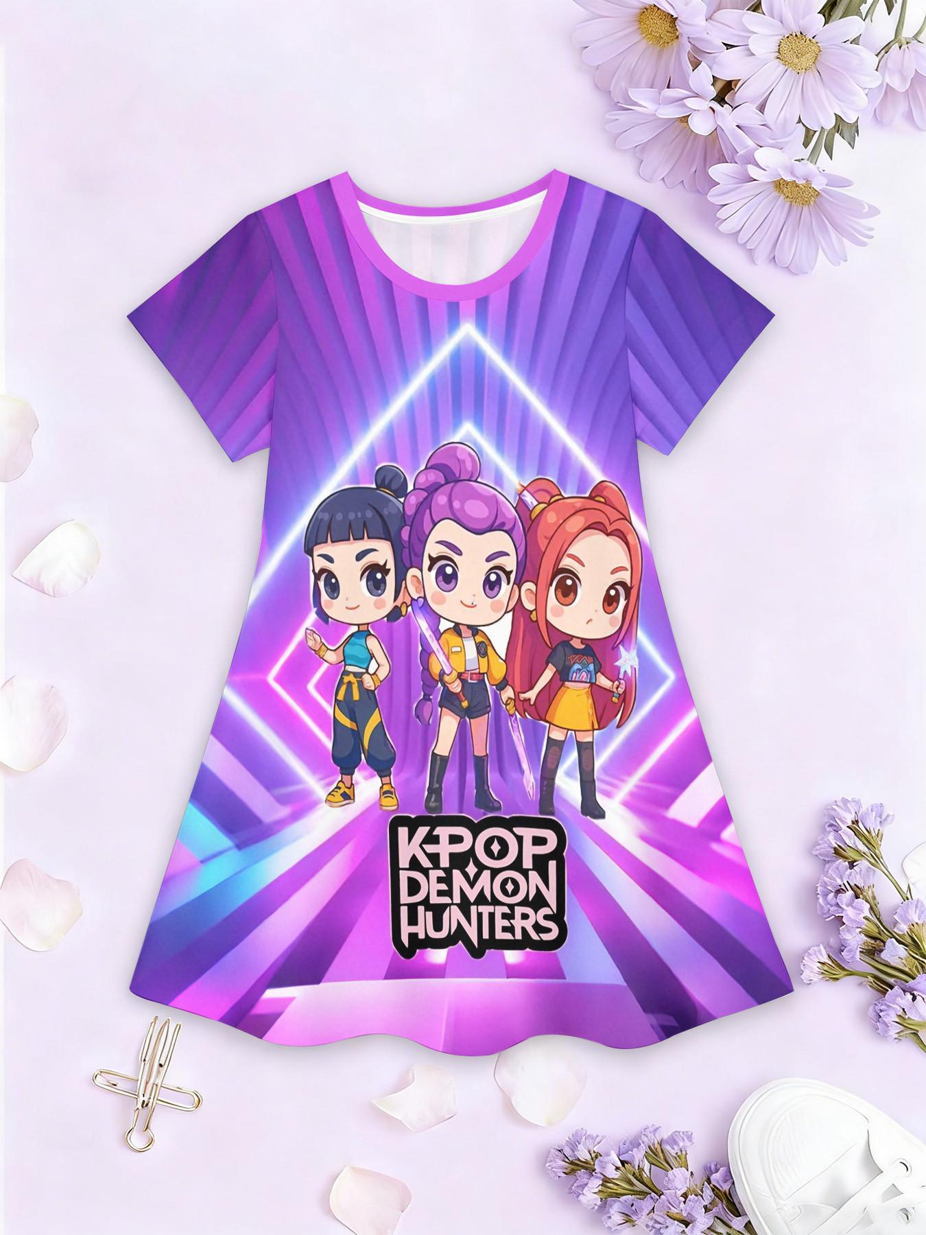 Girls' 3D Short Sleeve Dress, K-Pop Demon Hunters Full Print Summer Dress, Perfect for Parties, Festivals, Gifts, Birthday Presents