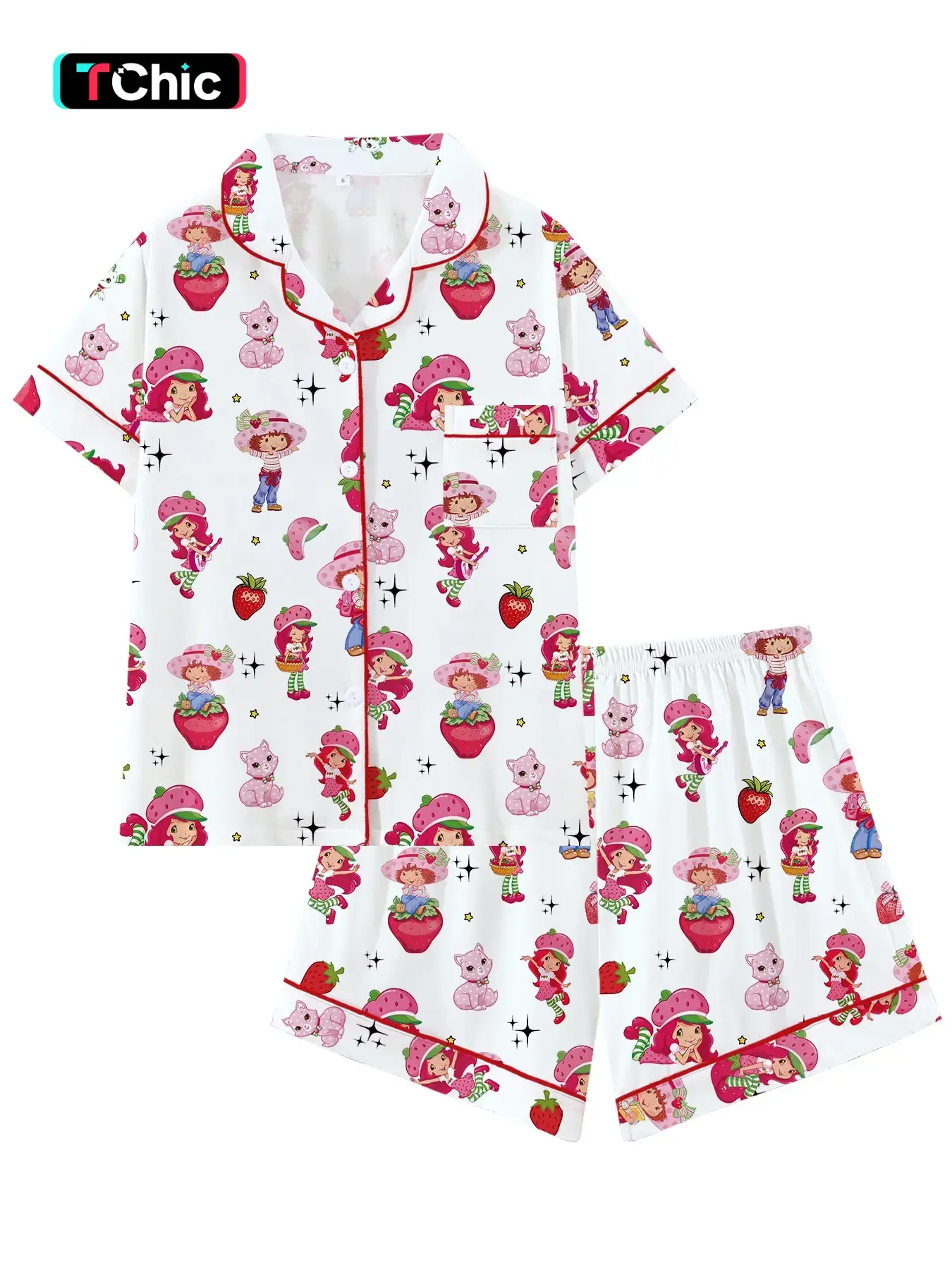 Nostalgic Cute Strawberry Girl and Cat Collar Short Sleeve Pajama Set, Comfortable Sleepwear for Home and Outdoors, Perfect Gift