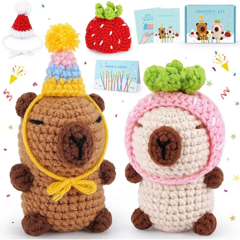 2PCS Capybara Crochet Kit for Beginners, Cute Amigurumi DIY Yarn Craft Set with Step-by-Step Tutorial, Handmade Animal Gift for Adults & Kids
