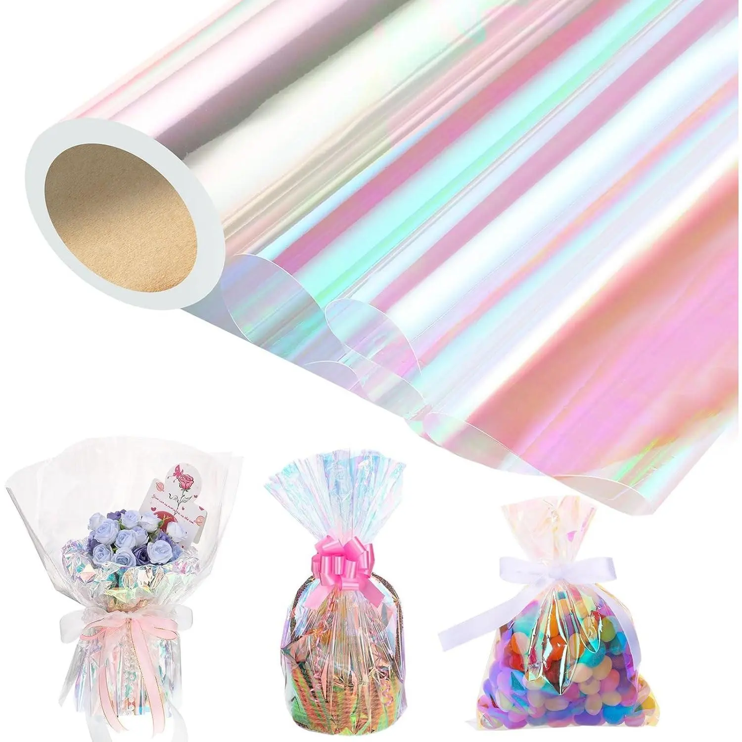 82 Ft X 17 In Cellophane Wrap for Gift Baskets Iridescent Cellophane Wrap Roll Clear Wrapping Paper for Birthday Baby Shower Wedding Flower Bouquet Graduation Halloween Party DIY Crafts