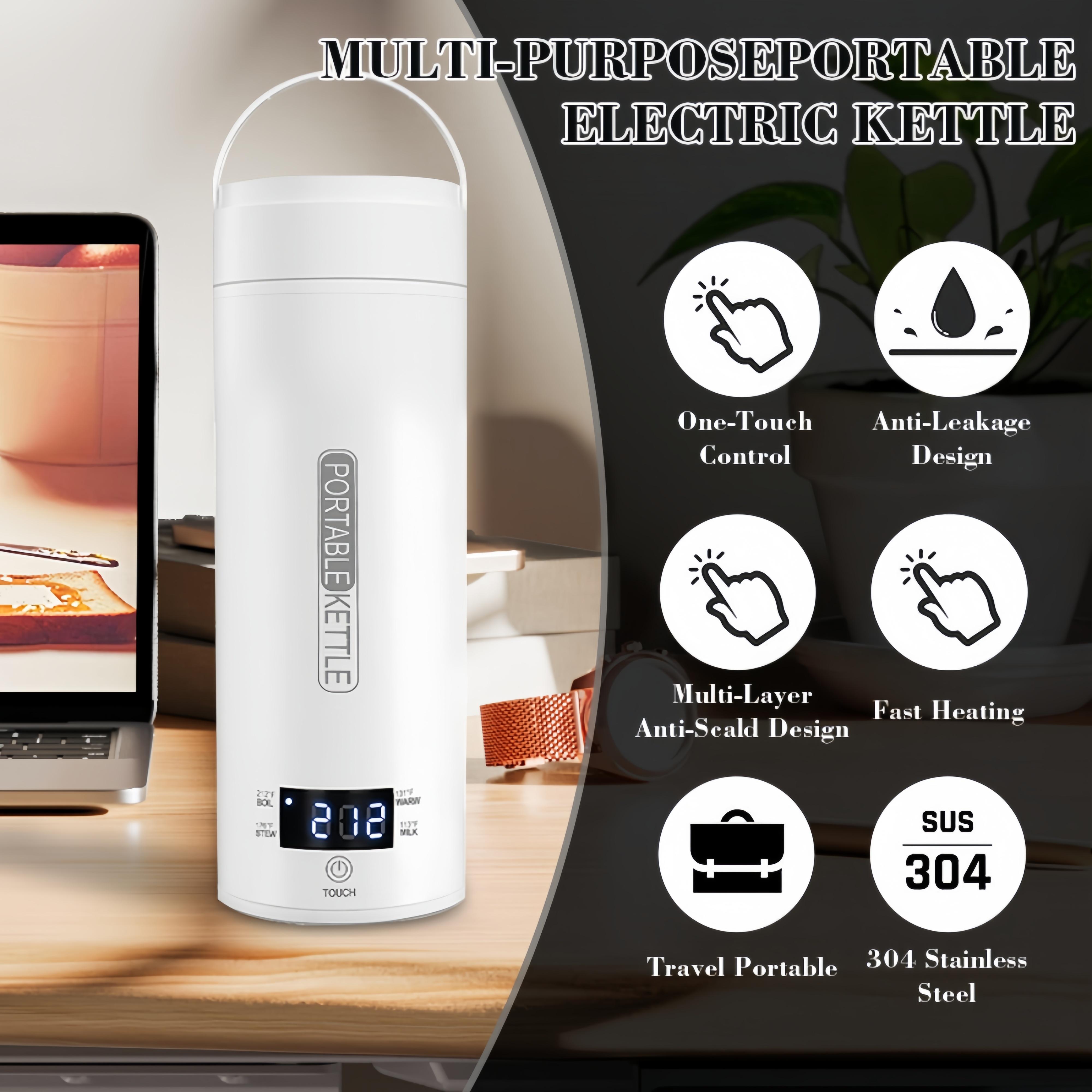 Travel Electric Tea Kettle Portable Small Mini Coffee Maker with 4 Variable Presets, Personal Hot Water Boiler 304 Stainless Steel with Automatic Shutoff and Boil-Dry Protection