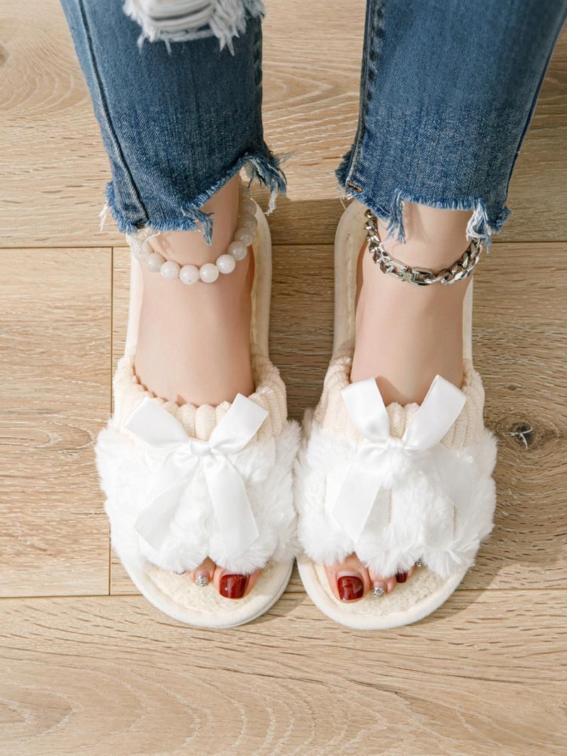 Women's Winter Bowknot Indoor Slippers, Warm Home Use, Living Room Bedroom Shoes, Fashionable Soft Plush Open Toe, Couple Style