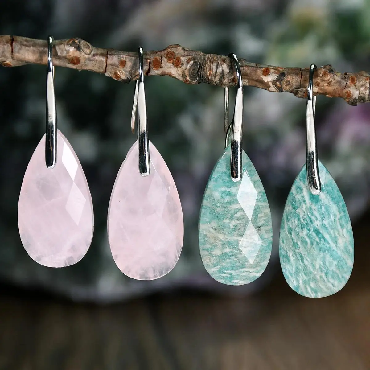 Natural Stone Rose Quartz Amazonite Stone Tangent Plane Water Drop Earrings Boho Women’s Exquisite Birthday Party Jewelry Gifts