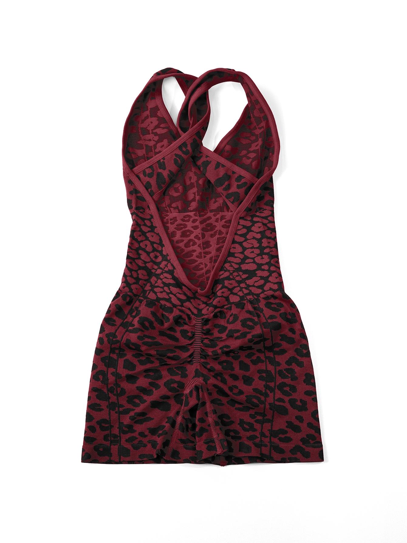 Women's Sporty Jumpsuit, Deep U-Neck Leopard Print, High Waist Fitted, Breathable Yoga Wear, Gym Outdoor Running Training