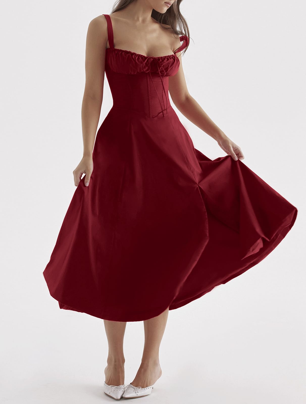 CHARTOU Women's Sleeveless Thin Shoulder Strap Medium length Dress Sleeveless Square Neck Fishbone Waist Elegant Dress CHARTOU Women's Sleeveless Thin Shoulder Strap Medium length Dress Sleeveless Square Neck Fishbone Waist Elegant Dress